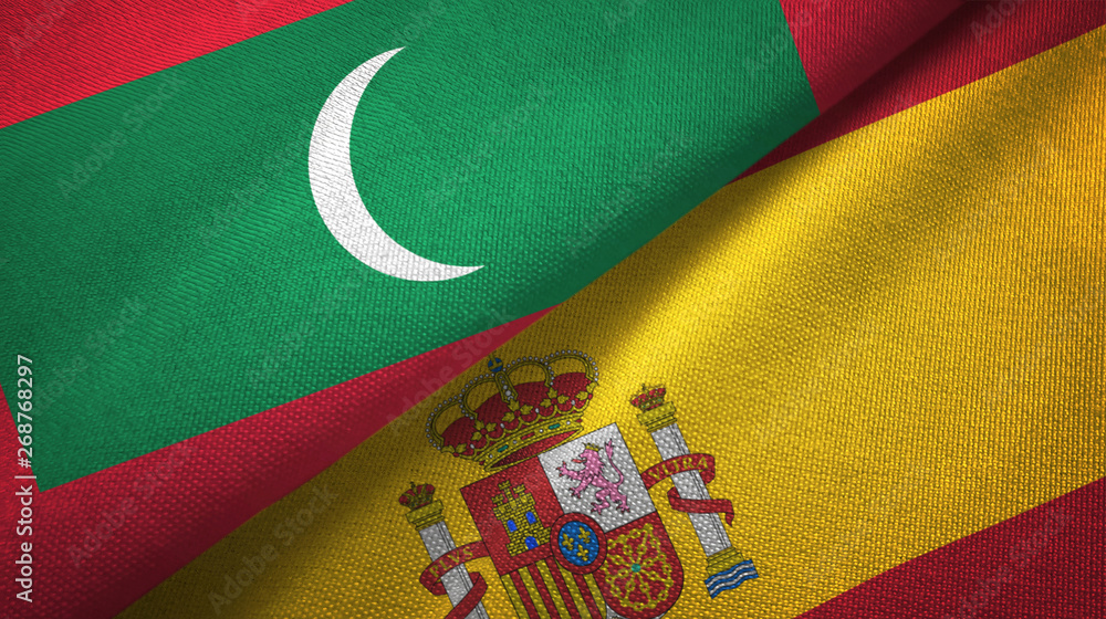 Fototapeta premium Maldives and Spain two flags textile cloth, fabric texture