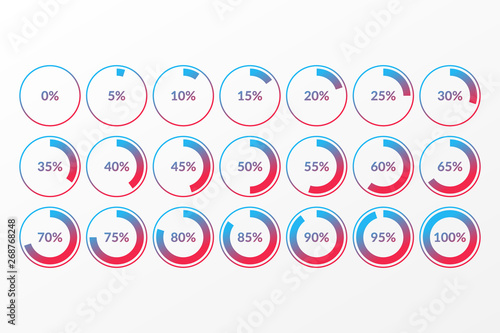 0 5 10 15 20 25 30 35 40 45 50 55 60 65 70 75 80 85 90 95 100 percent pie chart symbols. Percentage vector infographics. Isolated circle icons for business, download, web design