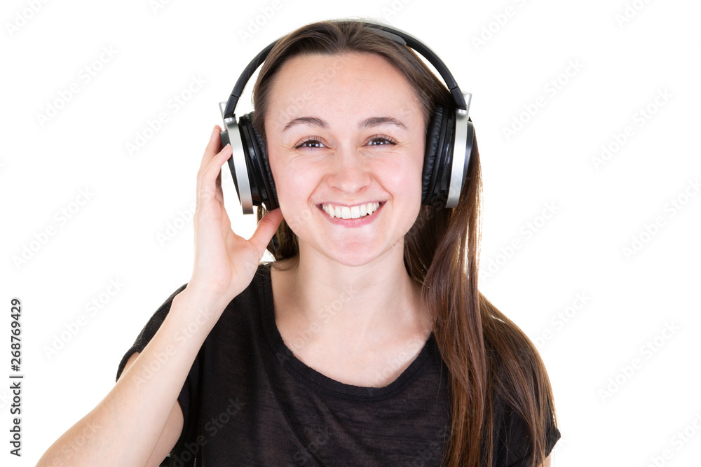 pretty smile young woman with headphones eyes closed pretty smile young woman with headphones eyes closed