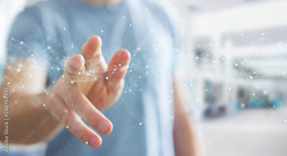 Businessman using floating digital network connections with dots and lines 3D rendering Businessman using floating digital network connections with dots and lines 3D rendering