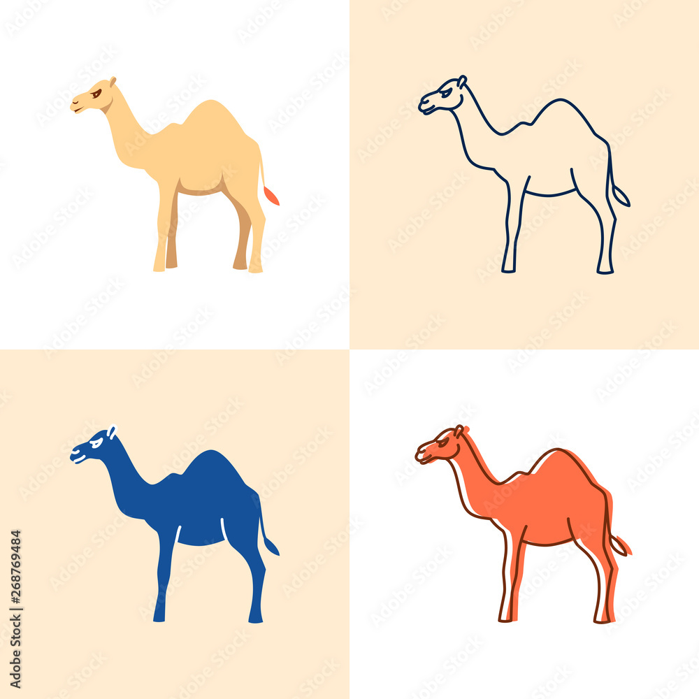 Camel icon set in flat and line style