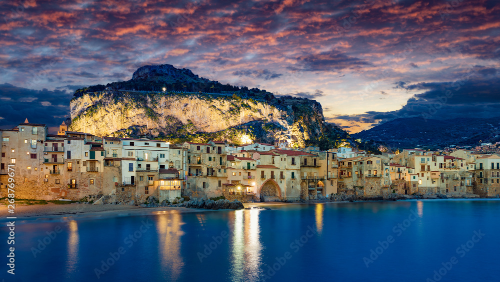 Sunset view of Cefalu, Sicily, Italy