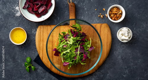 Ingredients for cooking diet summer healthy food top view. preparation salad with baked beets