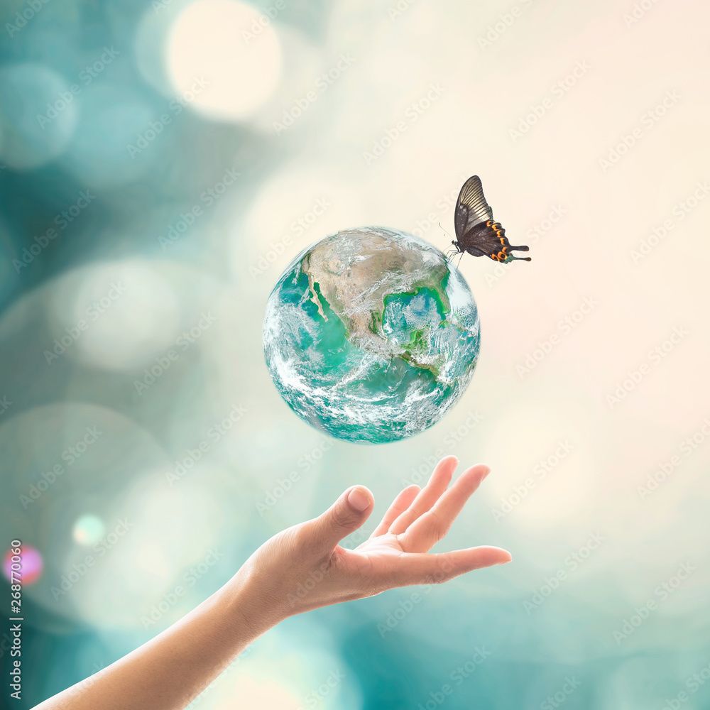 World environment day, ecology and ozone layer protection concept with woman's hand supporting earth planet under sun light flare with beautiful butterfly: Elements of this image furnished by NASA .. - obrazy, fototapety, plakaty 