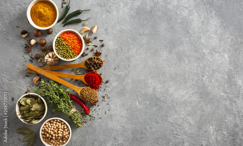 Konstfotografi Herb and spices, rice and various beans