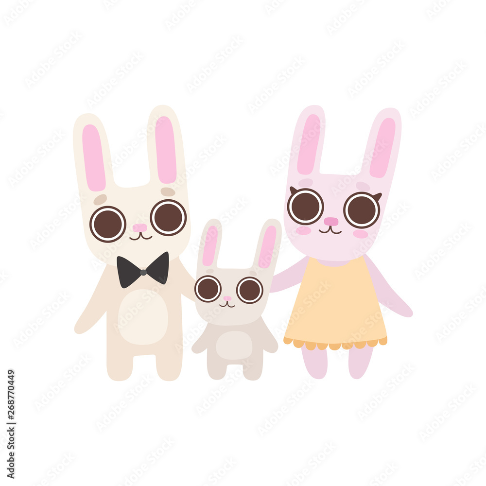 Happy Family of Bunnies, Father, Mother and Baby Rabbits, Cute Cartoon Hares Characters Vector Illustration