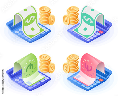 The accountant calculator, paper money, stack of euro and dollar coins. Flat vector isometric illustration set. The costs and expenses calculation, financial balance, accounting, business concept.