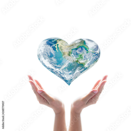 Green planet in heart shape over woman human hands isolated on white background.