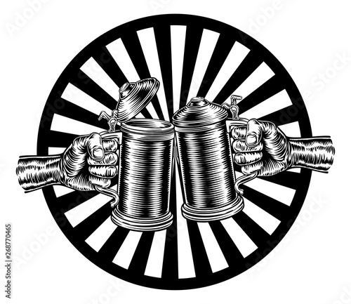 Hands holding two beer stein German Oktoberfest pint tankard mugs performing a cheers gesture in a retro vintage intaglio woodcut engraved style