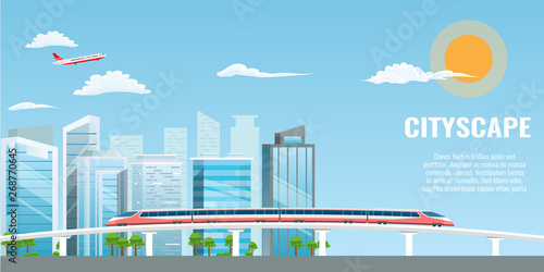 Cool cityscape illustration with long and big bridge and express train on it. Vector illustration.