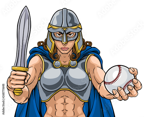 A female Viking, Trojan Spartan or Celtic warrior woman gladiator knight baseball sports mascot