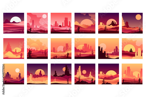 Vectoe set of cards with western desert landscapes with silhouettes of rocky mountains, cactus plants and sunset sunrise. Design in gradient colors photo