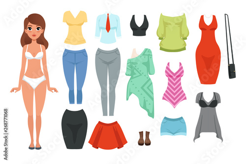 Women s clothing items set. Formal and casual outfit. Fashion theme. Female wardrobe. Cartoon character of young girl. Flat vector icons