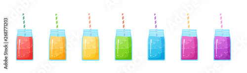 Vegeterian smoothie shake cocktail collection vector illustration. Set of glass jar with layers of sweet vitamin juice cocktail or protein shake for smoothies fitness bar design