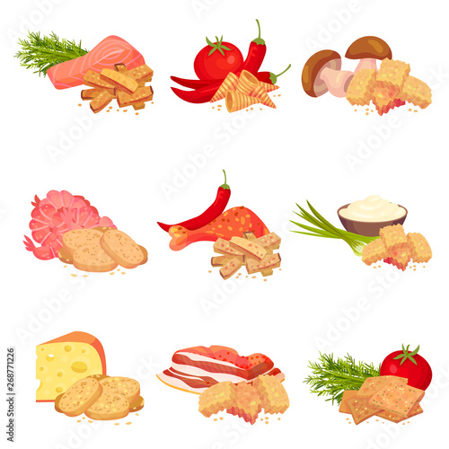 Set of images of pieces of croutons of bread with different tastes. Vector illustration on white background.