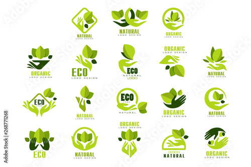 Eco, organic, natural logo design set, premium quality product label, emblem for cafe, packaging, restaurant, farm products vector Illustrations on a white background