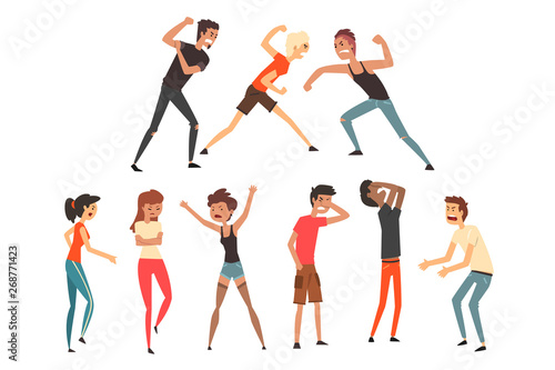 People fighting and quarreling. Aggressive and violent behavior. Negative emotions. Young guys and girls. Flat vector design