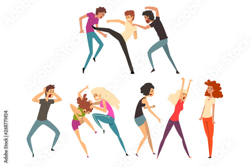 Angry people fighting and quarreling. Loud public scandal. Uncontrollable and aggressive people. Violent behavior. Flat vector design