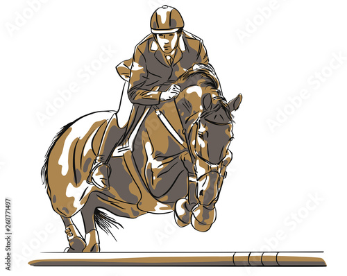 Show jumping аthlete on a horse jumping over an obstacle