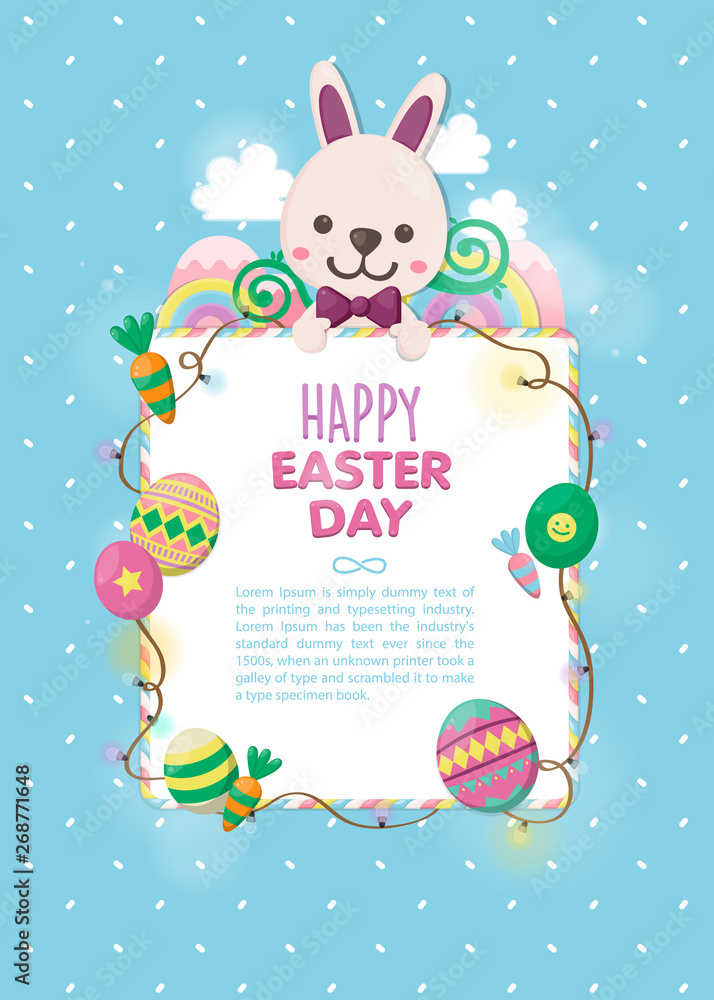 Colorful Easter day with white rabbit and fancy eggs template. Colorful Easter day with white rabbit and fancy eggs template.