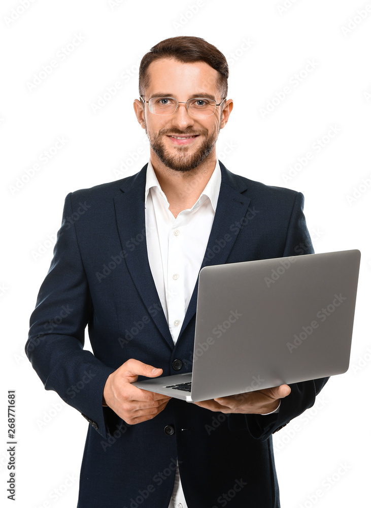 Handsome businessman with laptop on white background Handsome businessman with laptop on white background