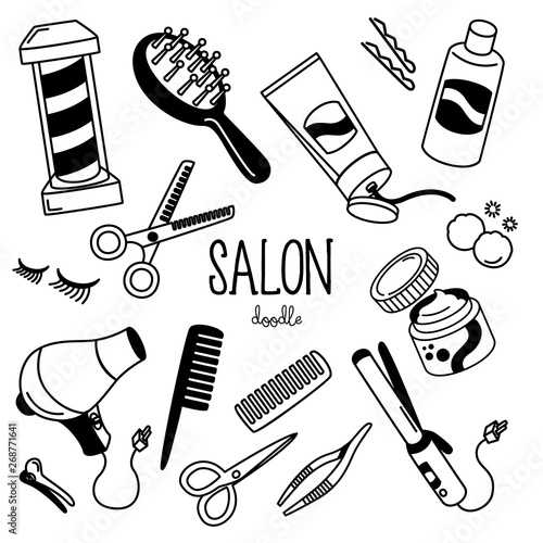 Hand drawing styles with salon shop items. Doodle salon shop.