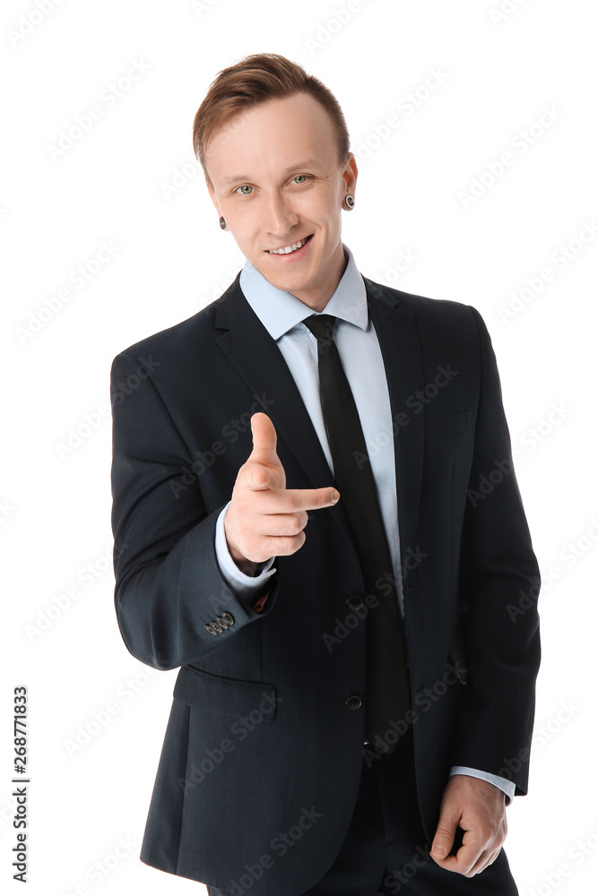 Handsome stylish businessman pointing at viewer on white background Handsome stylish businessman pointing at viewer on white background
