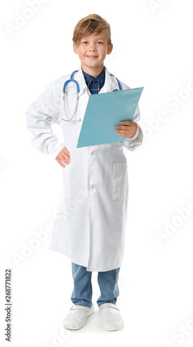 Portrait of little doctor on white background