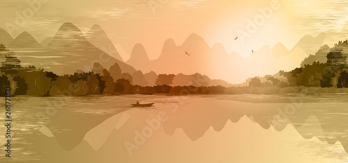 Mountain landscape in orange colors. Mountains, hills, forest, mountain lake or river, a lonely man in a boat fishes. Three birds fly over the mountains. Foggy morning. Outdoor recreation.  Vector