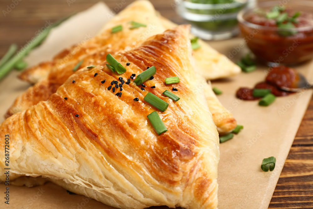 Delicious samosas on table, closeup Delicious samosas on table, closeup