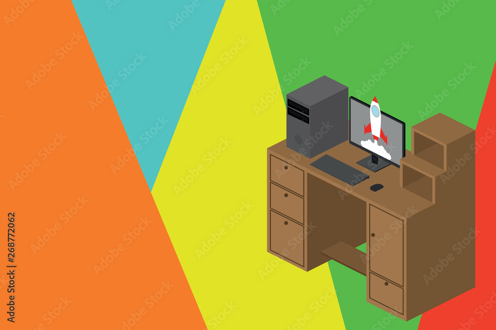 Working desktop station drawers personal computer launching rocket clouds. Copy Space design Empty template text for Ad, promotion, poster, flyer, web banner, article Working desktop station drawers personal computer launching rocket clouds. Copy Space design Empty template text for Ad, promotion, poster, flyer, web banner, article
