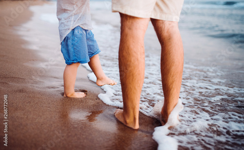 Canvas Print Midsection of father with a toddler boy walking on beach on summer holiday