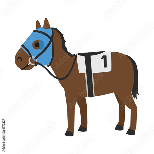 競馬のイラスト。視野を制限するためのブリンカーという馬具を付けた馬。