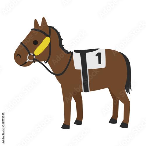 競馬のイラスト。左右を見えにくくして前方に意識を集中させるチークピーシーズという馬具を付けた馬。