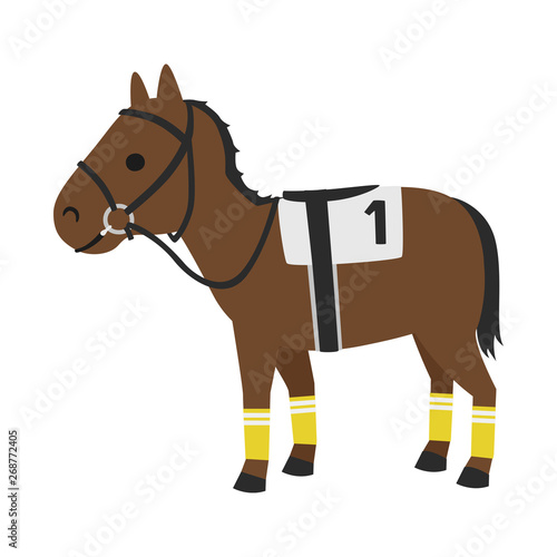 競馬のイラスト。サポーターやテーピングなど、足を保護するバンテージという馬具を付けた馬。