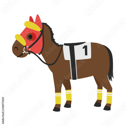 競馬のイラスト。馬具を付けて走る準備をしている馬。