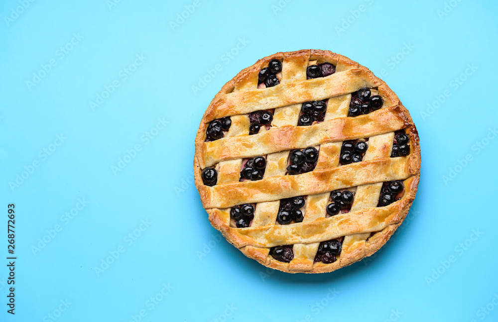 Tasty blueberry pie on color background Tasty blueberry pie on color background