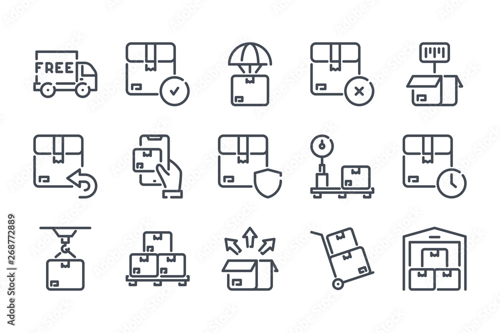 Delivery related line icon set. Shipping linear icons. Storage and distribution outline vector signs and symbols collection. Delivery related line icon set. Shipping linear icons. Storage and distribution outline vector signs and symbols collection.