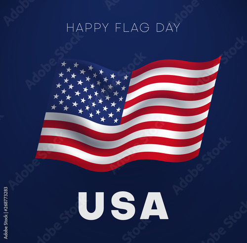 Happy flag day. Blue greeting card with flag of USA.