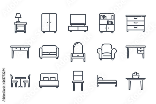 Furniture related line icon set. Сushioned furniture linear icons. Home furniture outline vector signs and symbols collection.