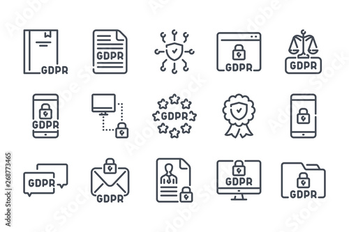 General Data Protection Regulation related line icon set. GDPR linear icons. Privacy policy outline vector signs and symbols collection.