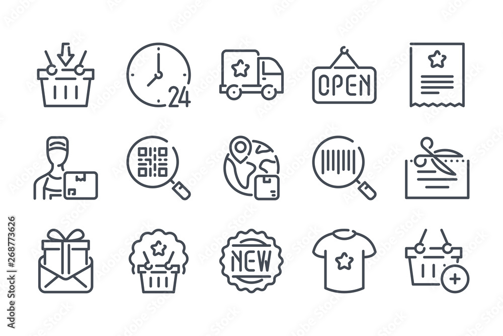 Shopping related line icon set. Delivery linear icons. Retail outline vector signs and symbols collection. Shopping related line icon set. Delivery linear icons. Retail outline vector signs and symbols collection.