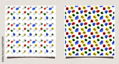Repeating Tile with silhouettes of different crowns, dots, magic sticks. Funny vector illustration. Black silhouette doodle crowns and magic wand and blue, red, yellow, green color. careless spots