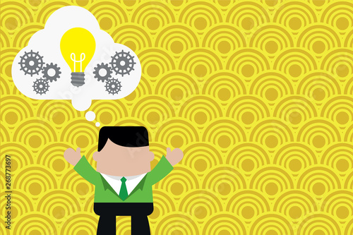 Standing man suit hands up imaginary bubble light bulb gears working together Design business concept Empty template copy space text for Ad website isolated