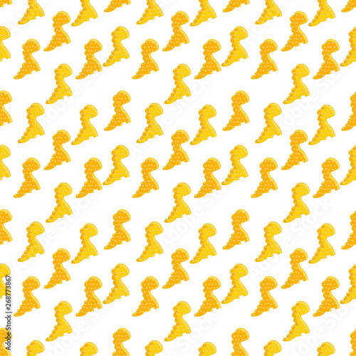 Dino cracker pattern. Seamless tile for printing on fabric, wall decor. Yellow cookies dinosaurs. Funny vector illustration. For decor, nursery, blog, clothing, textiles. Stylized animal silhouette