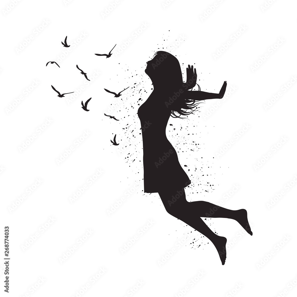 Silhouette of freedom girl with  birds. Vector fashion illustration