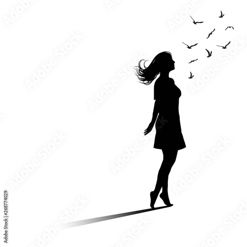 Silhouette of freedom girl with  birds. Vector fashion illustration