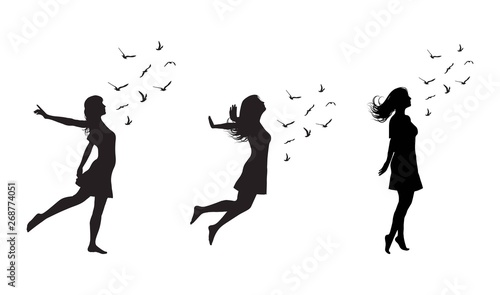 Set of Silhouette of freedom girl with  birds. Vector fashion illustration