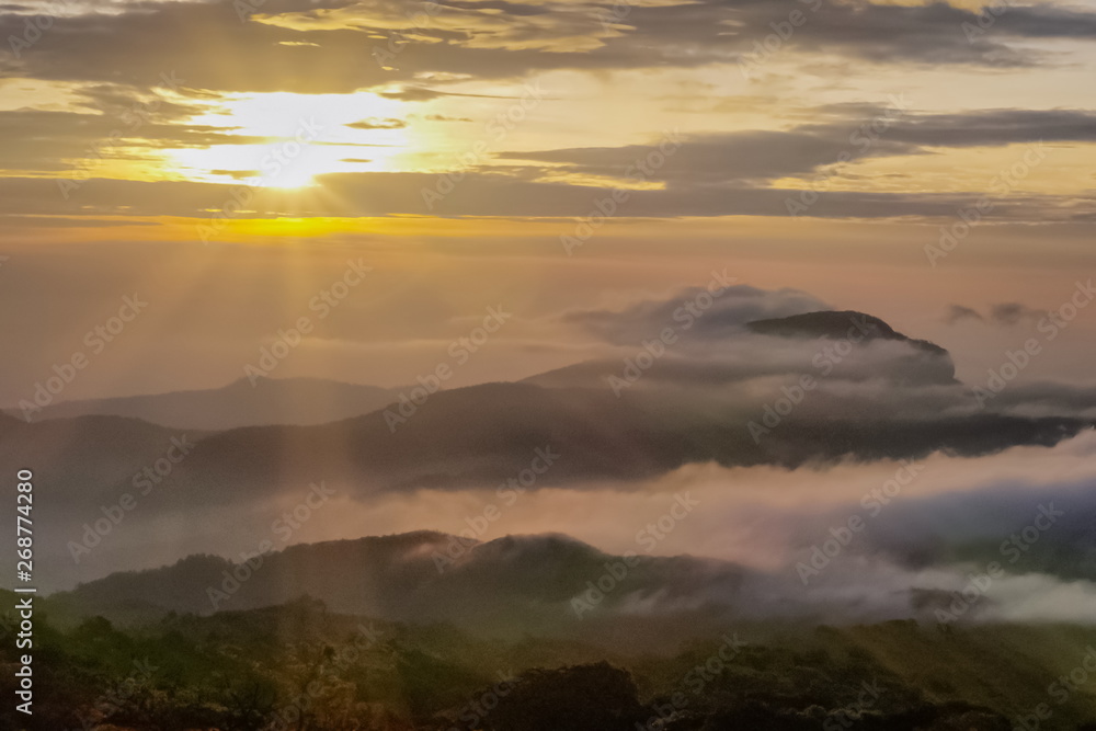 Fototapeta premium sunrise at Doi Inthanon, mountain view morning of the hills around with sea of fog with sun rays and yellow sky background, KM.41 View Point, Doi Inthanon, Chiang Mai, Thailand.