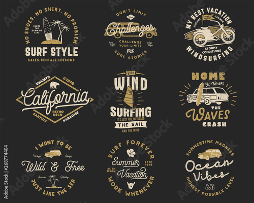 Vintage Surfing Graphics Set and Emblems for web design or print. Surfer logo templates. Surf Badges. Summer typography insignia collection for t shirt. Stock Vector hipster patches isolated